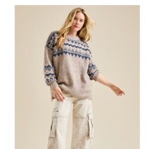 Altar'd State Ellen Gray and Blue Patterned Sweater